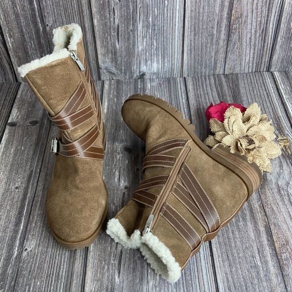 Nine West Women's Davyd Demi Wedge Buckle Detailing Faux Fur Booties - Picture 3 of 5